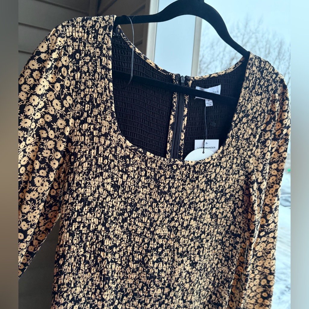 Lost+Wander Black Golden Floral Smocked Mini Dress Long Sleeve Rufflehem Sizem — image 8 of 8